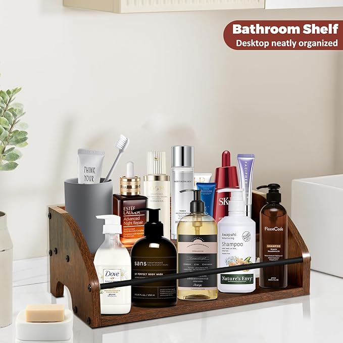 Wooden Countertop Organizer- Liquor Bottle Display Shelf, Coffee Syrup Rack Organizer, Spice Rack, Liquor Cabinet – Small Counter Storage, Stepped Pantry Shelf for Seasonings, Tea, Spice (Brown)