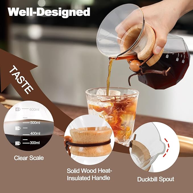 Pour Over Coffee Pot Set 600ml Features 304 Stainless Steel Filter Glass Coffee Pot with High Borosilicate Glass Duckbill Spout Design Solid Wood Handle Pour Over Coffee Drippers Daily Brewing