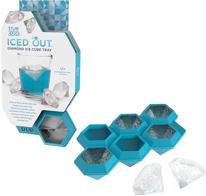 TrueZoo Iced Out Diamond Ice Tray, Easy Release Silicone Ice Mold for Whiskey, Cocktails, Spirits, Iced Tea, Beverages, Bar Cart Accessories, Kitchen & Home Bar Gifts, Set of 1, Blue