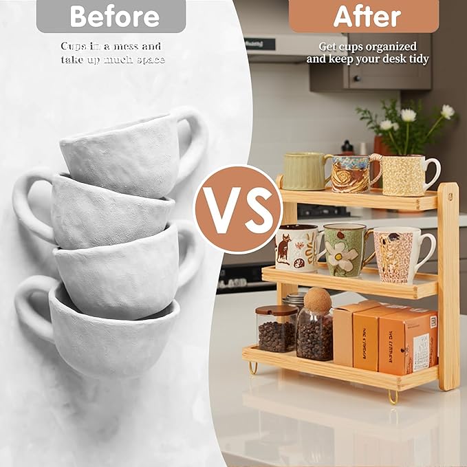 Coffee Mug Holder Wooden Cup Rack,3-Tier Acrylic Home Mug Display Rack for Kitchen Countertops Coffee Beans, Syrup, Cups, Stirrers