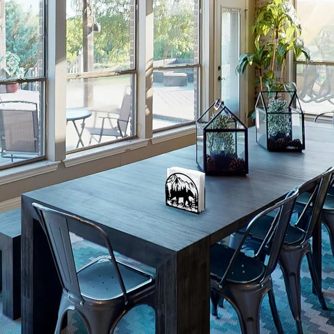 Forest Animals Mountain Decorative Black Metal Napkin Holder for Table, 4.9" x 4.9" x 1.9" Bear Standing Napkin Holder for Home Kitchen Restaurant Picnic Party Coffee Bar Dining Room