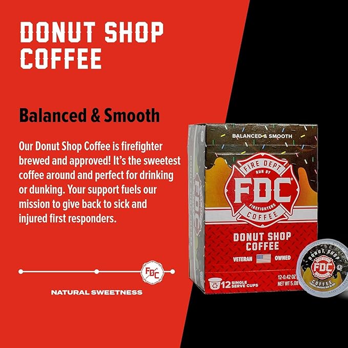 Fire Department Coffee - Gives Back to Firefighters - Donut Shop Coffee Pods - Medium Roast - Sweet & Smooth - Roasted in the USA - Veteran Owned - 24 Single Pods