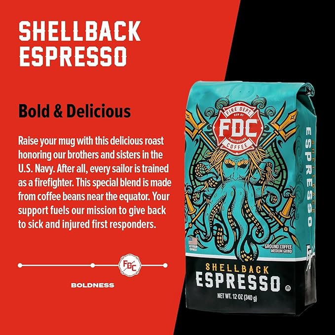 Fire Department Coffee - Gives Back to Firefighters - Shellback Espresso Coffee Beans - Bold & Smooth - Roasted in the USA - Premium Espresso - Veteran Owned (12 oz, Pack of 2)