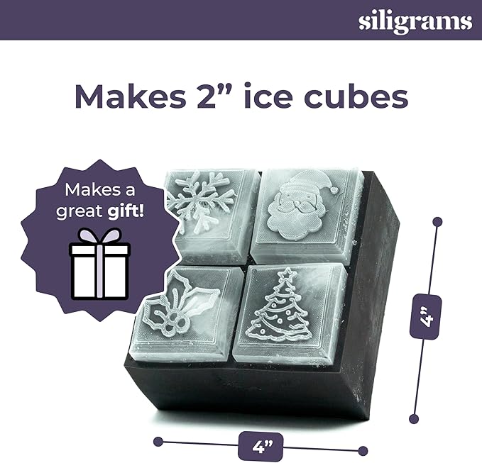 SILIGRAMS Christmas Ice Cube Mold – 2” Custom Whiskey Ice Tray for Cocktails – Holiday-Themed Silicone Ice Cube Mold – Festive Gift for Men & Women – Reusable Bartender Ice Mold