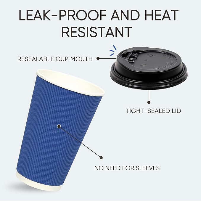 100 Pack 16 oz Disposable Coffee Cups with Lids and Straws, Insulated Ripple Wall To Go Paper Corrugated Cups, Bulk for Hot/Cold Drinks, Cafe Bar, Office, Chocolate, Cocoa (Navy)