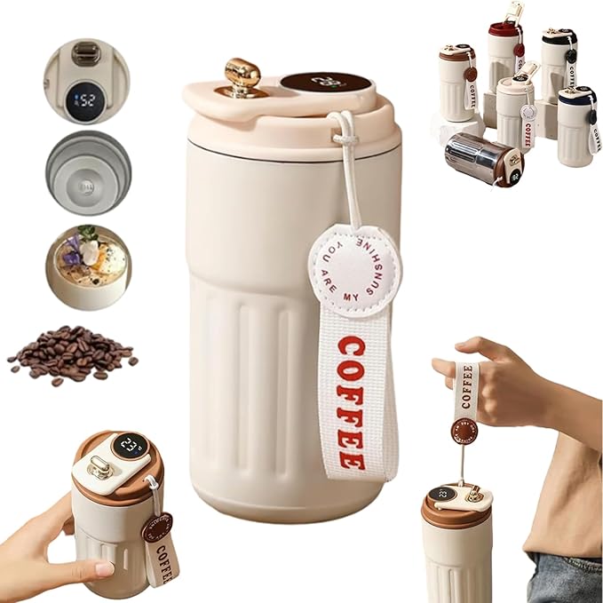 450ml Stainless Steel Travel Mug with Temperature Display - Vacuum Insulated Bottle, Stainless Steel Insulated Cup, Portable Coffee Bottle Cap, Coffee Cup Smart Travel Mug (Beige)