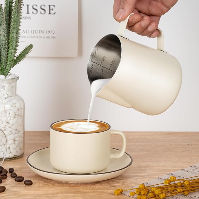 Milk Frothing Pitcher, 12oz Milk Frother Cup with Clear Scale, 304 Stainless Steel Cappuccino Espresso Machine Accessories for Barista Coffee Bar with Latte Art Pen, White