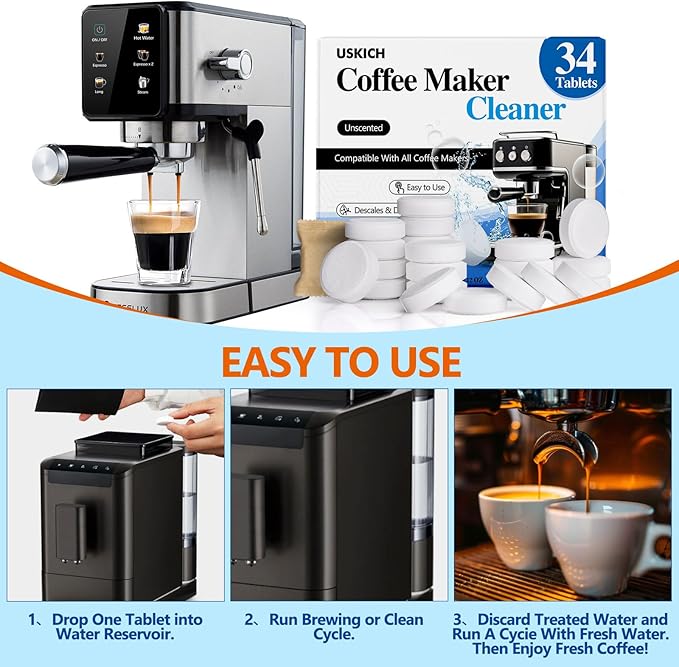 Coffee Machine Cleaner Descaler Tablets 34 Pack, Coffee Maker Cleaner for Keurig, Ninja, Breville, Delonghi, Nespresso, Miele,Espresso Machine Cleaning Tabs,Descaling Solution for Coffee Pot Maker