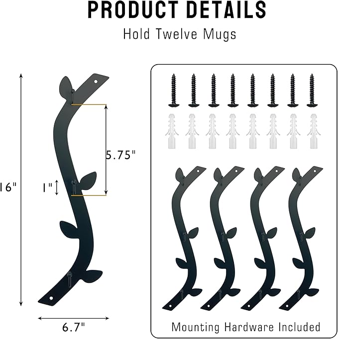 Ecqizer Coffee Mug Wall Rack - Metal Cup Holder Tree for Bar Decor - 4pcs Black Mounted Rack