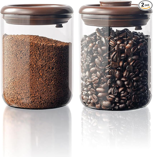 Glass Coffee Container - 900ml x 2 Pop Top Coffee Storage Airtight Canister, Large Ground Coffee Containers Coffee Jars with Lids