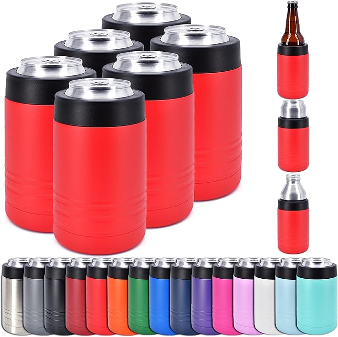 Clear Water Home Goods - 12 oz Stainless Steel Double Wall Vacuum Insulated Can or Bottle Beverage Cooler - Powder Coated Red - 6 Pack
