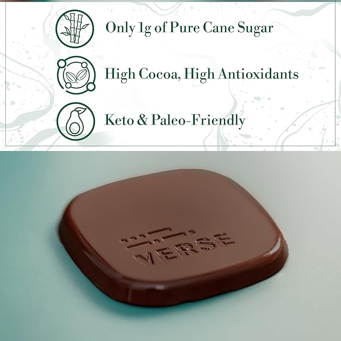 Verse Chocolate Mint 90% Dark Chocolate Squares - Only 1g Cane Sugar - Creamy Dark Cocoa - Individually Wrapped Chocolates (30 Count)