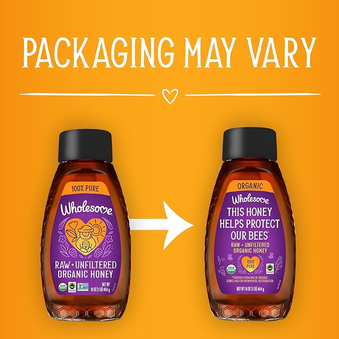 Wholesome Sweeteners 16-Ounce Organic Raw Unfiltered Honey Bottle, 100% Pure, Fair Trade Certified, Non GMO Project Verified, & Gluten Free, 1 Pack