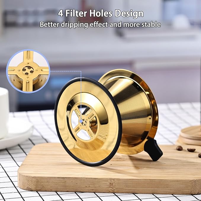 Small Size Pour Over Coffee Dripper, Stainless Steel Metal Cone Drip Coffee Filter, Paperless and Permanently Reusable, Double Mesh Coffee,TeaFilter for 1-2 Cups