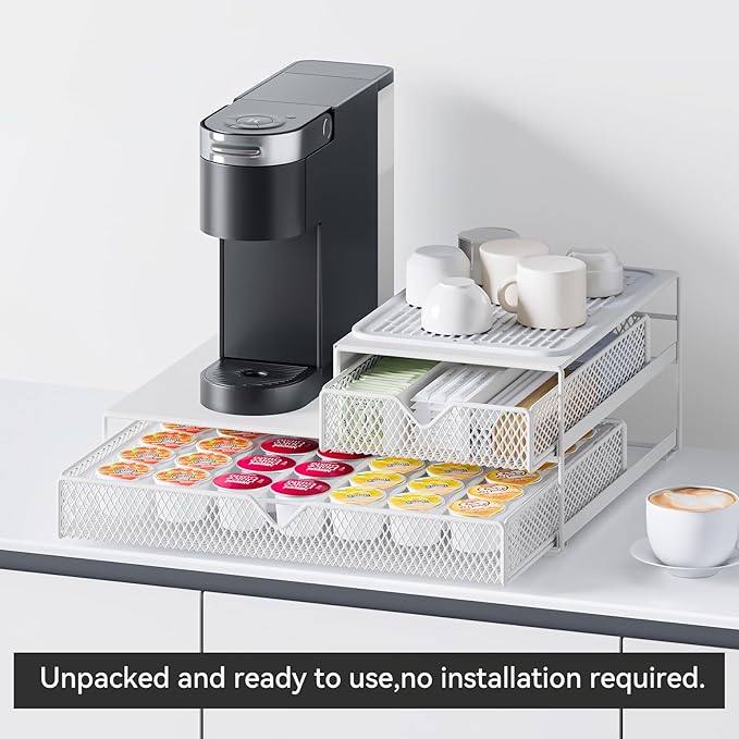 Coffee Maker Countertop Organizer,K Cup Pod Drawers,60 Coffee Capsule Pod Holder,Integrated Design Requires No Assembly.Slidng Storage Pod Baskets,Pod Stands,Silicone Drink Coasters