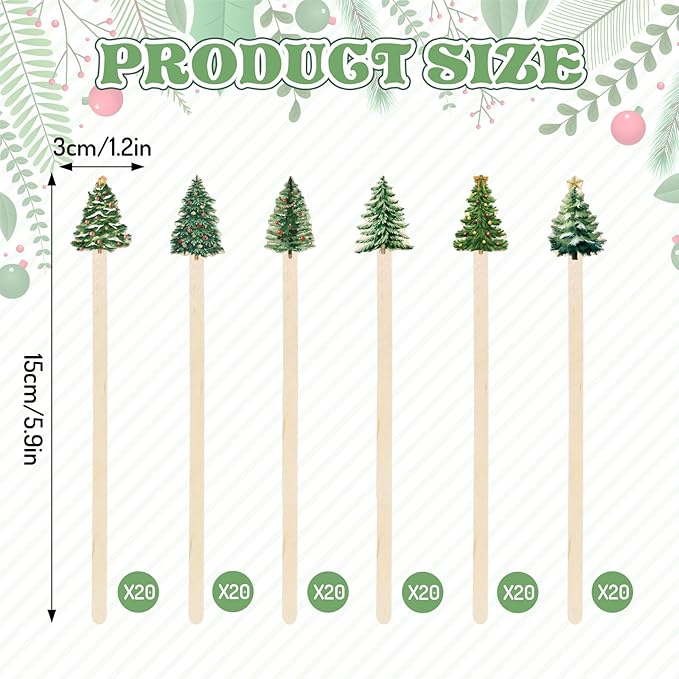 120Pcs Christmas Coffee Stirrers Disposable Stir Sticks Watercolor Xmas Tree Wooden Drink Stirrer for Hot Chocolate Milkshake Restaurant Home Office