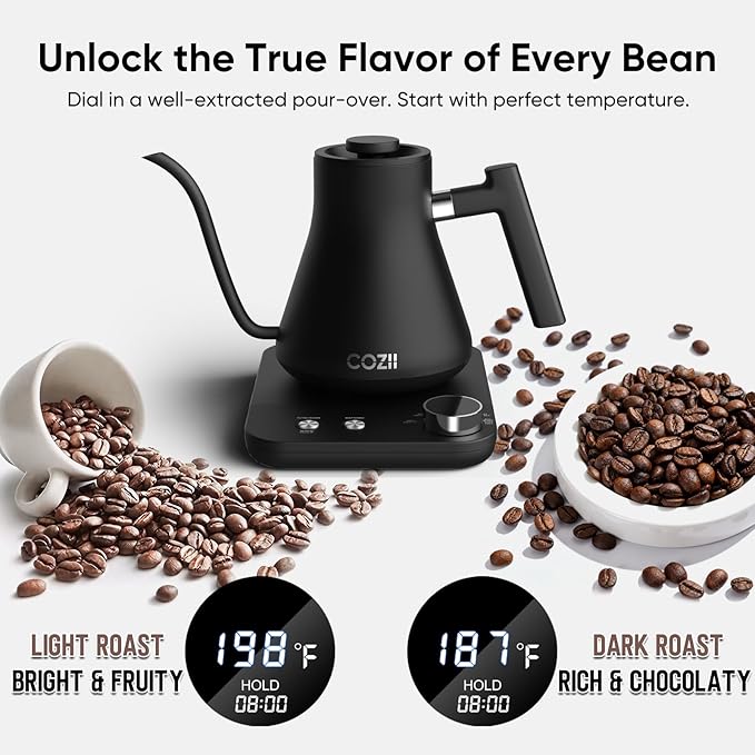 COZII Gooseneck Electric Kettle with ±1°F Temperature Control, 1200W Quick Heating for Pour Over Coffee & Tea, 0.9L Water Boiler with 24H Keep Warm & Auto Shut Off, Stainless Steel Interior, Black