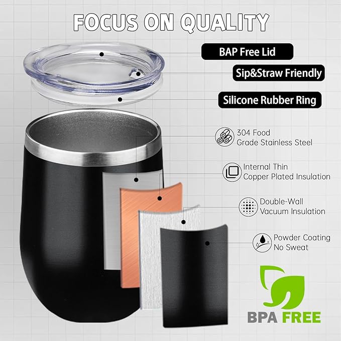 12oz/4 Pack Stainless Steel Wine Tumbler with Lid and Straw, Double Wall Vacuum Insulated Wine Tumbler Glasses, Stemless Travel Mugs for Hot and Cold Drinks, Coffee, Wine, Cocktails