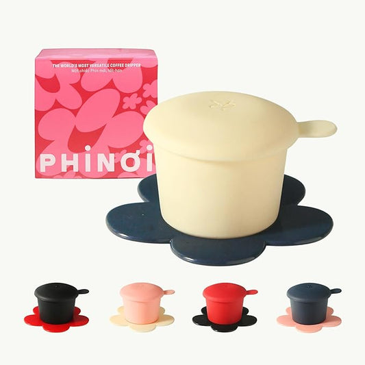 – Vietnamese Coffee Dripper – MIX COLORS – Pour Over Coffee Maker with Flower Design – Reusable Coffee Filter for Sustainable Brewing (Ivory + Navy)