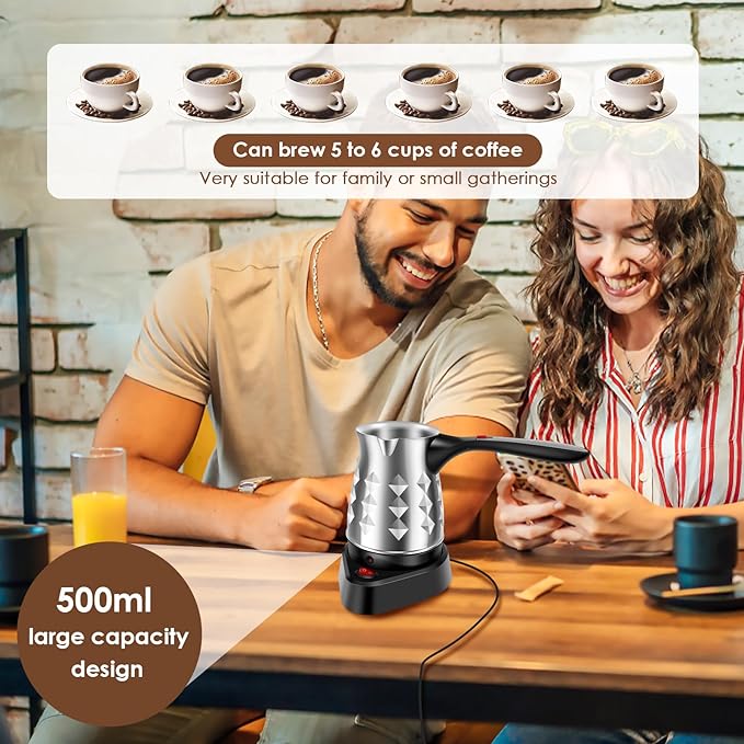 Turkish Coffee Maker, Stainless Steel 500ml Turkish Coffee Machine with Folding Handle, 5 to 6 Cups Capacity Turkish Coffee Pot, Electric Coffee Tea Warmer Kettle for Home Travel (Diamond)
