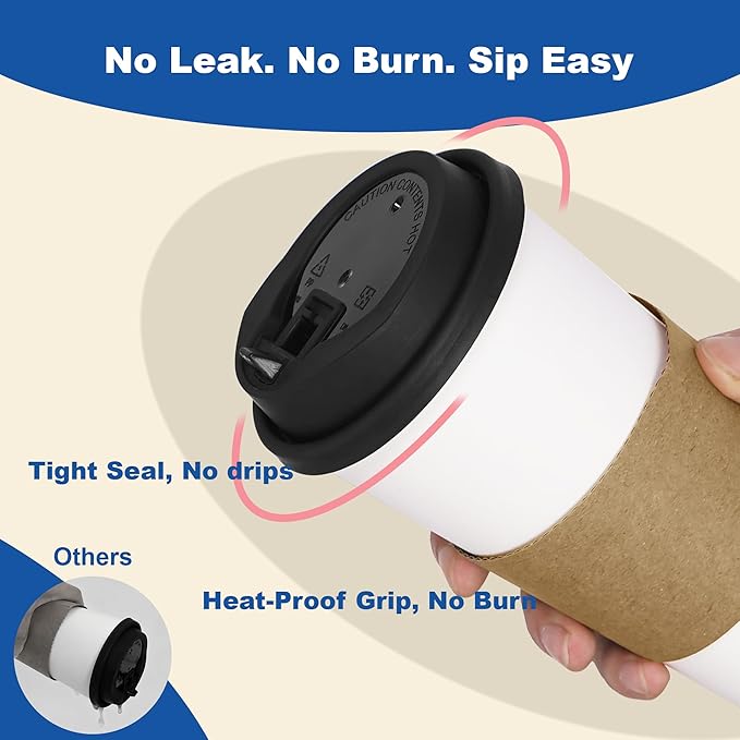 16 oz 50 Pack Coffee Cups with Lids and Sleeves, Straws, Hot Disposable To Go Travel Paper Cups Bulk for Office, Home Coffee Bar Accessories, Chocolate, Cocoa, Beverage (White)