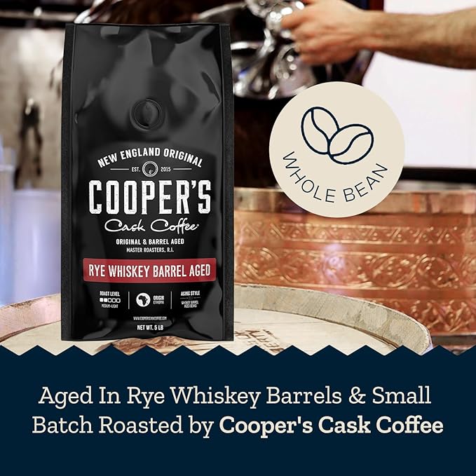 Rye Whiskey Barrel Aged Coffee, Single Origin Ethiopian Coffee Raw Beans Aged in Rye Whiskey Casks, Freshly Roasted, Battle Cry Whiskey, 5lb Bags, Whole Beans