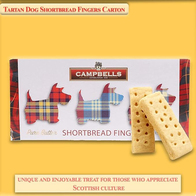 Campbells Shortbread Fingers Tartan Dog Carton 5.3 Oz (150g) - Pure Butter Scottish Shortbread Cookies from Scotland, British Tea Biscuits & Snacks, Crumbly All-Butter Fingers, Cookie Gift Box