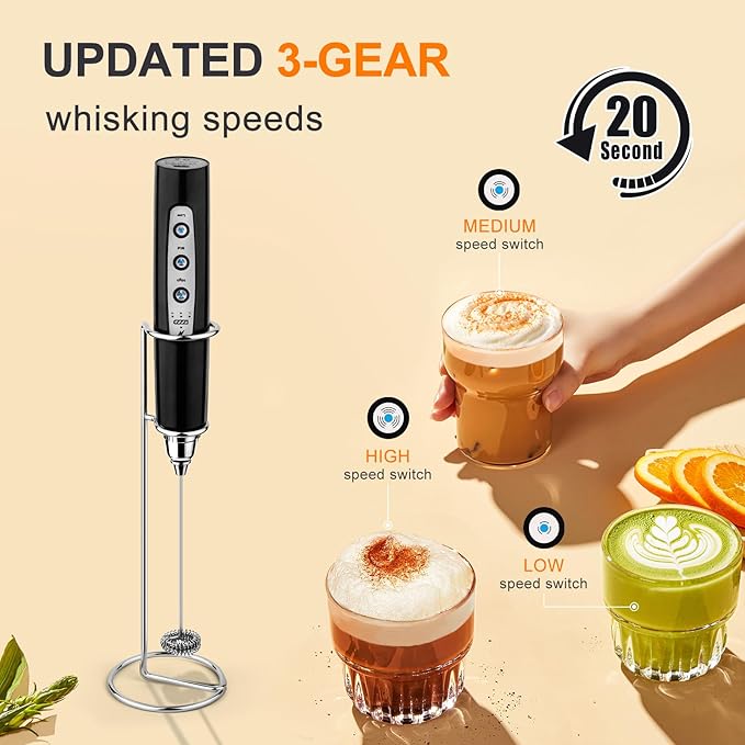 YUSWKO Handheld Milk Frother Wand for Coffee, Rechargeable Electric Whisk with 3 Heads 3 Speeds Drink Mixer Coffee Frother For Latte, Cappuccino, Hot Chocolate, Egg (With Stand, Light Black)