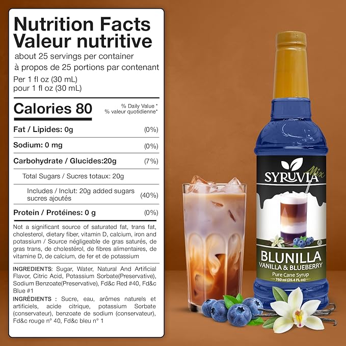 Syruvia Coffee Syrup, BLUNILLA Syrup, Vanilla Blueberry Flavored Syrup for Drinks, Lattes, and Desserts – 25.4 fl oz,