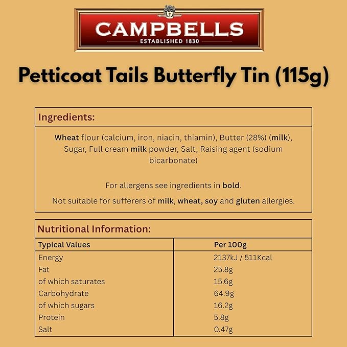 Campbells Shortbread Petticoat Tails Butterfly Tin 4.1 Oz (115g) - Pure Butter Scottish Shortbread Cookies from Scotland, British Tea Biscuits, Butter Cookies Gift in Tin Can, Scottish Snacks