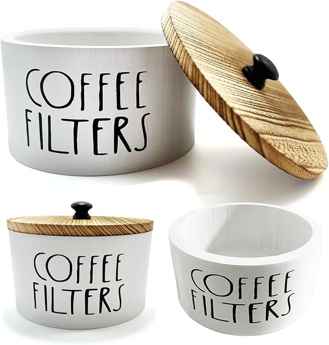 Wooden Coffee Filter Holder With Lid-Rustic Storage Container and Dispenser Basket for Coffee Bar Decor, Farmhouse Accessories(White)