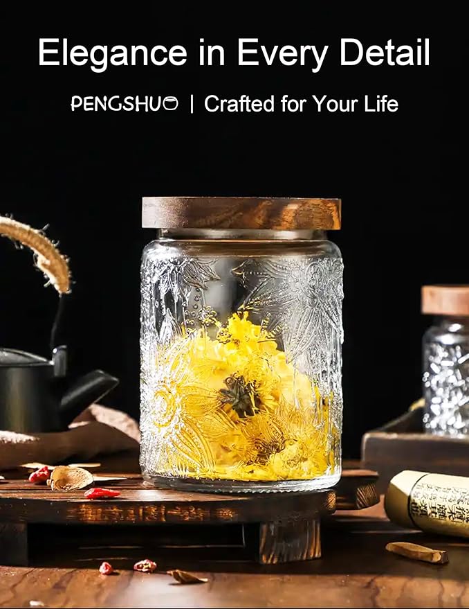 Vintage Glass Jar with Wood Lid - Airtight Canisters for Kitchen Countertop and Bathroom, for Storage Candy, Cookie, Coffee, Apothecary, Sugar, Flour, Tea, Pet Treat, 24 OZ Sunflower