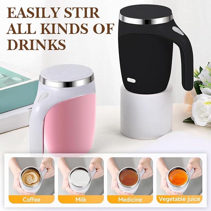 Automatic Magnetic Stirring Coffee Mug, Magnetic Stirring Cup Rotating Home Office Travel Mixing Cups,Stainless Steel Self Mixing Mug for Coffee/Milk/Tea/Hot Chocolat (Pink-Battery)