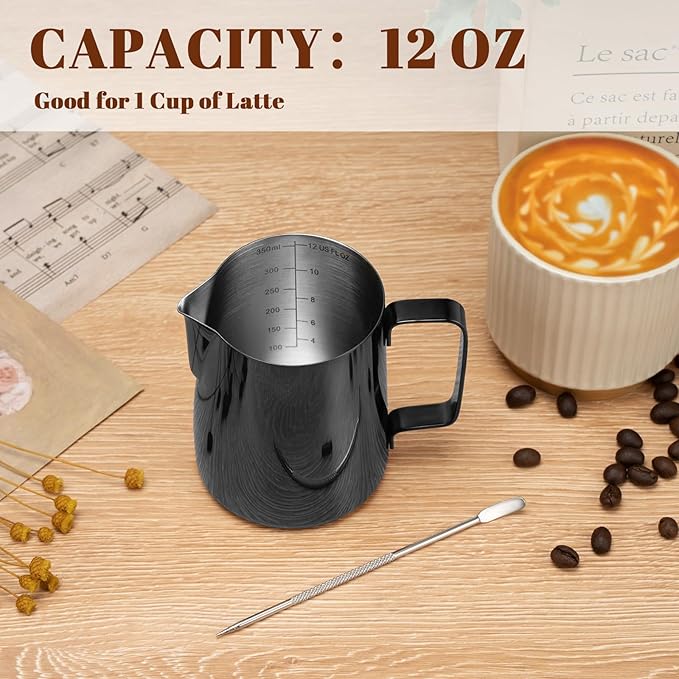 Milk Frothing Pitcher, 12 oz Milk Frother Cup with Clear Scale, 304 Stainless Steel Cappuccino Espresso Machine Accessories for Barista Coffee Bar with Latte Art Pen, Bright Black