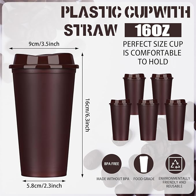 Domensi 15 Pack Reusable Coffee Cups with Lids 16 oz Disposable Travel Cups Bulk Plastic to Go Coffee Tumblers for DIY Hot Cold Drink Party Favors Coworker, Microwaveable (Brown)