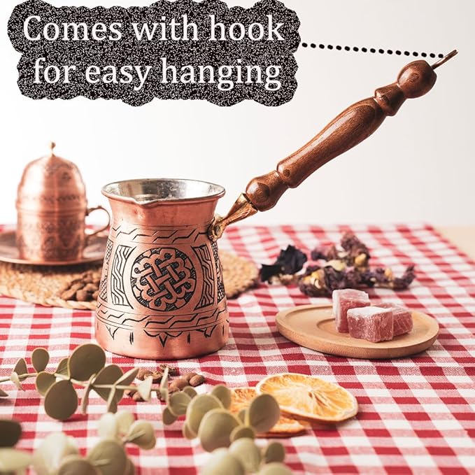 Handmade Hammered Copper Turkish Arabic Moroccan Persian Coffee Chocolate Pot Maker Ibrik Cezve Warmer for Stovetop Stove Top Indian Greek Style Traditional Antique Vintage Fancy Kitchen Decor Pot