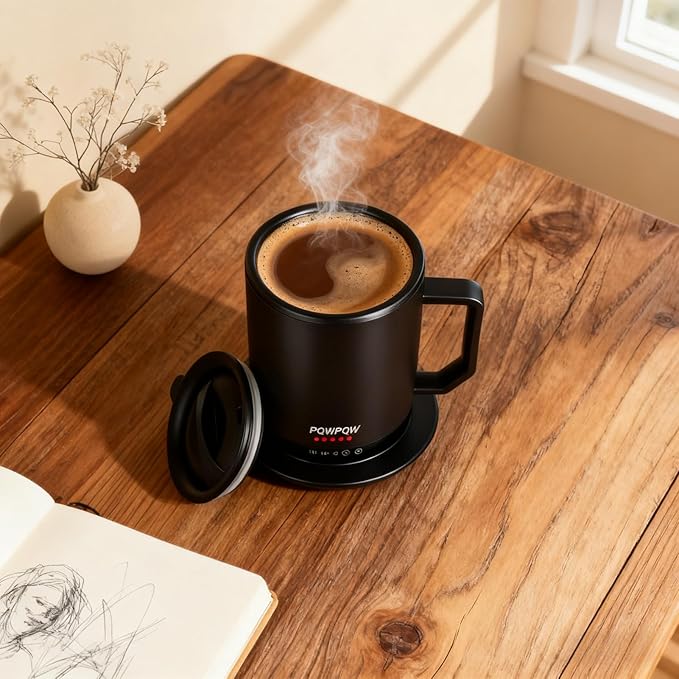 Smart Temperature Control Heated Coffee Mug - 12 oz Rechargeable Auto Heat Keeping Cup, 3-Level Settings/Dry-Boil Protection, Portable for Office Home Gift (Black)