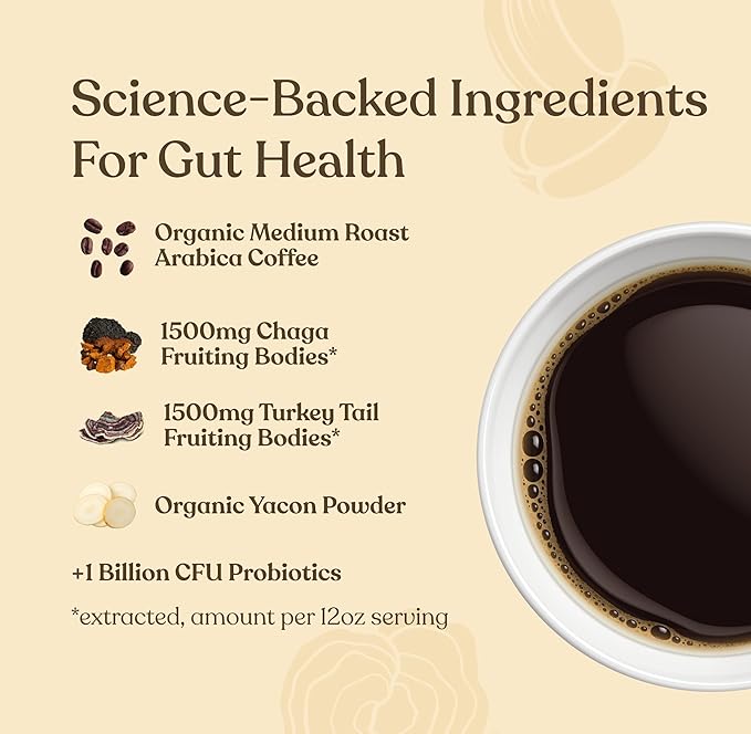Four Sigmatic Gut Health Organic Ground Coffee | Medium Roast, Immune Boosting Probiotic Mushroom Coffee with Chaga & Turkey Tail for Gut Health & Immune Support | 12oz Bag