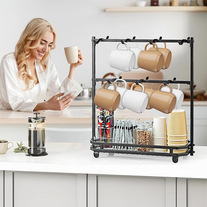 Coffee Mug Holder for Countertop, Coffee Cup Holder Rack with 14 Hooks, Metal Mug Tree Stand with Storage Base for K Cup Coffee Pod Paper Cups Tea Bag - Black