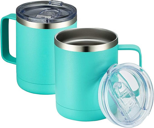 MEWAY 12oz Coffee Mug With Handle 2 Pack Bulk,Stainless Steel Insulated Travel Tumblers With Sliding Lid,Double Wall Vacuum Camping Cup for Hot & Cold Drinks Tea (Light Green,Set of 2)