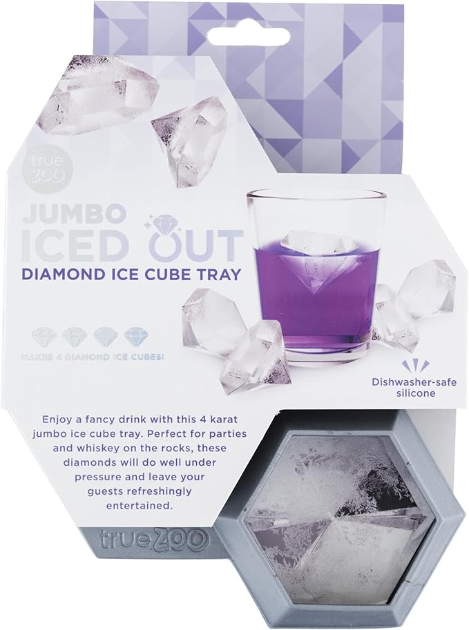 TrueZoo Jumbo Iced Out Diamond Ice Tray, Easy Release Silicone Ice Mold for Whiskey, Cocktails, Spirits, Iced Tea, Beverages, Bar Cart Accessories, Kitchen & Home Bar Gifts, Set of 1, Grey