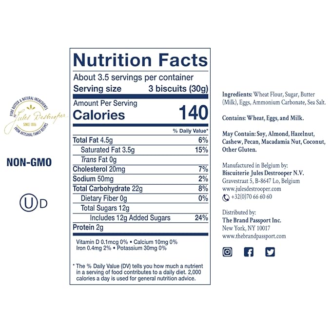 Jules Destrooper Butter Crisps - Caramelized Waffle Cookies, Certified Kosher Dairy, Non-GMO, Authentic Biscuits Made in Belgium - 3.5 Oz, Pack of 4