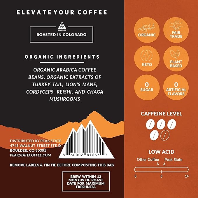 Peak State Coffee with Functional Mushrooms, Low Acid, Whole Bean (FOCUS, BOOST IMMUNITY, & DESTRESS) (Immunity Boost)