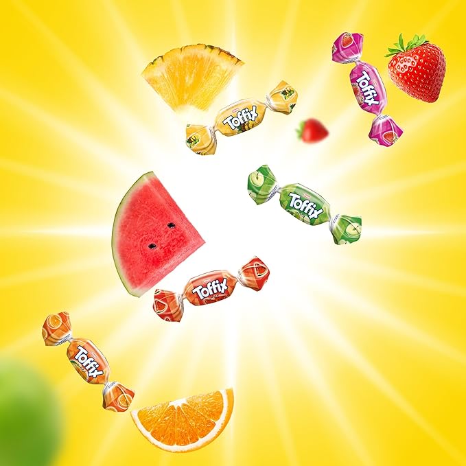 Toffix Fruit Chews, Center Filled Soft Fruit Chews Candy Individually Wrapped Snacks, Orange, Strawberry, Pineapple, Watermelon & Apple, Fruity Flavored Chewy Candies, 2.2 Pound Bulk Bag, Pack of 1