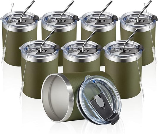 MEWAY 12oz/8Pack Coffee Mug With Lid, Insulated Stainless Steel Reusable Coffee Cup, Double Wall Durable Coffee Mug, Powder Coate，For Coffee, Beer, Home, Office(Army Green,8 Pack)