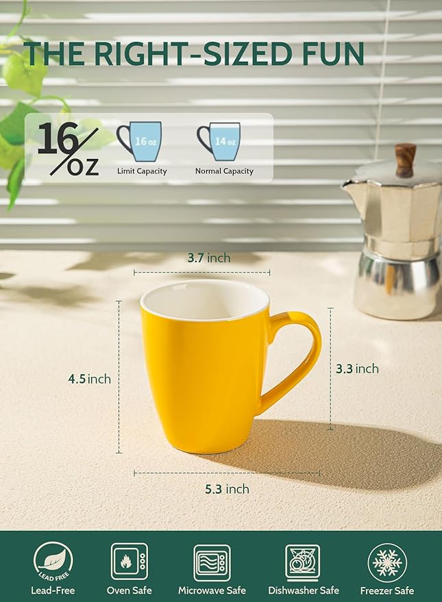 Sweese Porcelain Coffee Mugs - 16 Ounce (Top to the Rim) for Coffee, Latte, Tea, Cocoa, Set of 4, Yellow