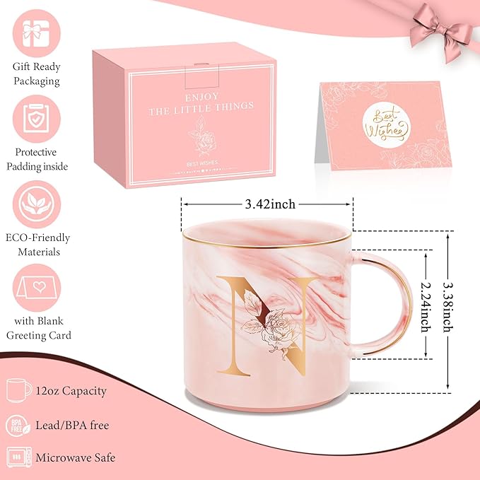 Personalized Gifts for Women Coffee Mug, Initial Customized Gift Monogrammed A-Z Coffee Mug 12 OZ, Christmas Anniversary Birthday Gifts for Women Mom Grandma Friend Sister Wife(N)