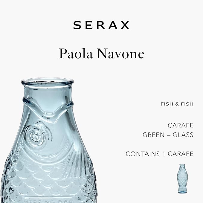 Serax Glass Water Pitcher | Fish & Fish glassware by Paola Navone | Wine Carafe Decanter 28.74 fl oz | Clear Light Blue Bottle Container, hot or cold Drinks | Beverage Dispenser | Suitable as Vase