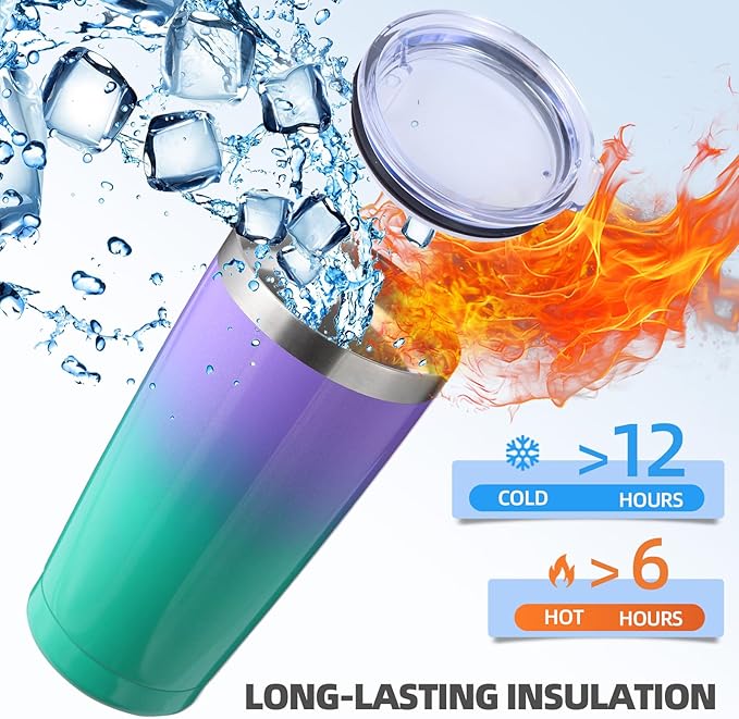 Volhoply 20oz Stainless Steel Tumbler with Lid and Straw Bulk 4 Pack,Double Wall Insulated Travel Iced Coffee Mug Fits Cup holder,Powder Coated Cups for Cold Drinks,Gifts for Women（Purple Green,4 Set）