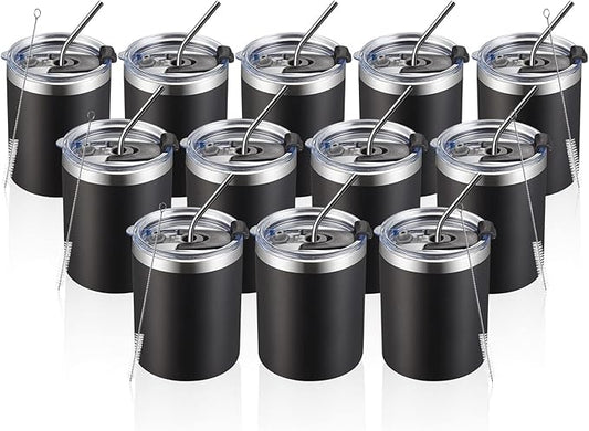 MEWAY 12 oz Lowball, Tumbler Stainless Steel Double Wall Vacuum Insulated Mug with Straw and Lid, Cleaning Brush ，Durable Powder Coated Insulated Coffee Cup for Cold & Hot Drinks (Black, 12 pack)
